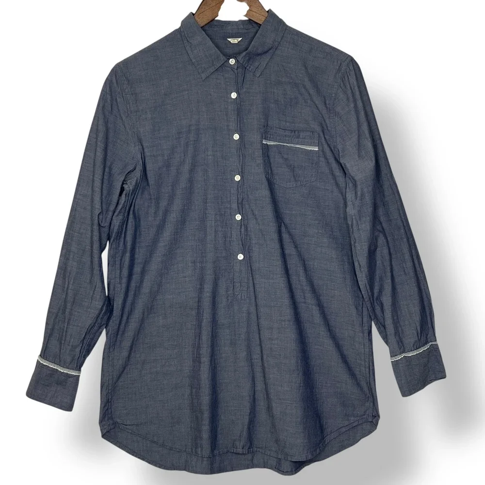 J. Crew M Chambray Tunic Dress Blue 100% Cotton Button Beach Coastal Lightweight